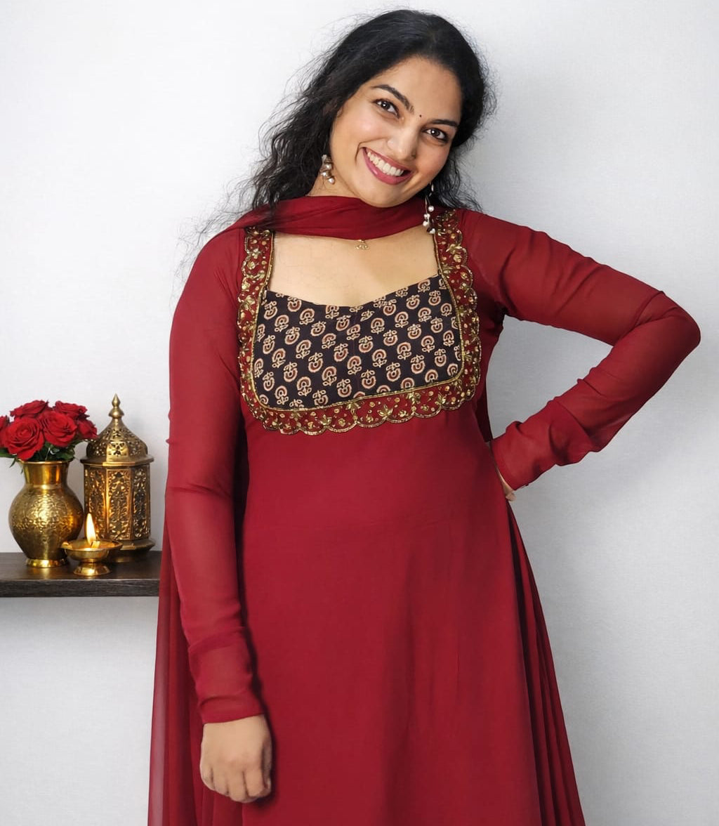 Ajrakh patched aline top with duppatta - Mizhiboutique