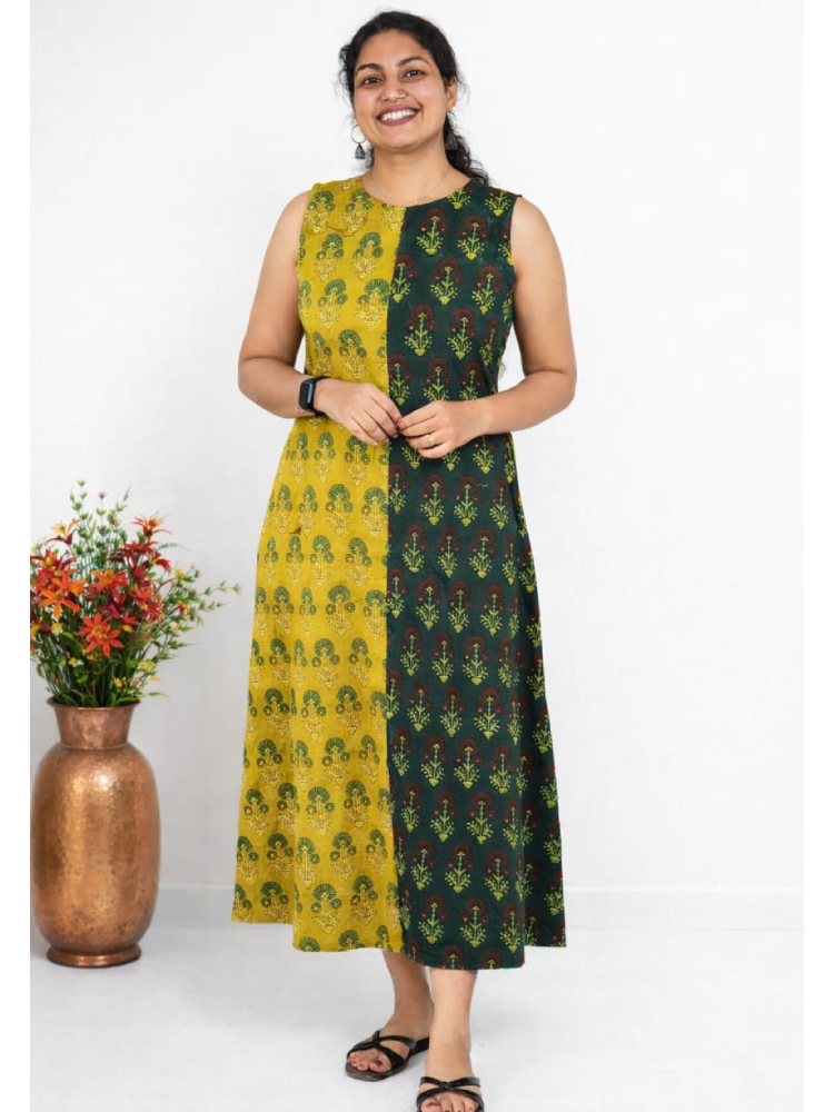 MIZHI Ajrakh printed cotton frock featuring traditional handblocked patterns, lightweight and comfortable for casual wear.