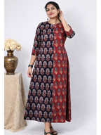 Red Ajrakh printed cotton frock by MIZHI featuring traditional handblocked block print design.