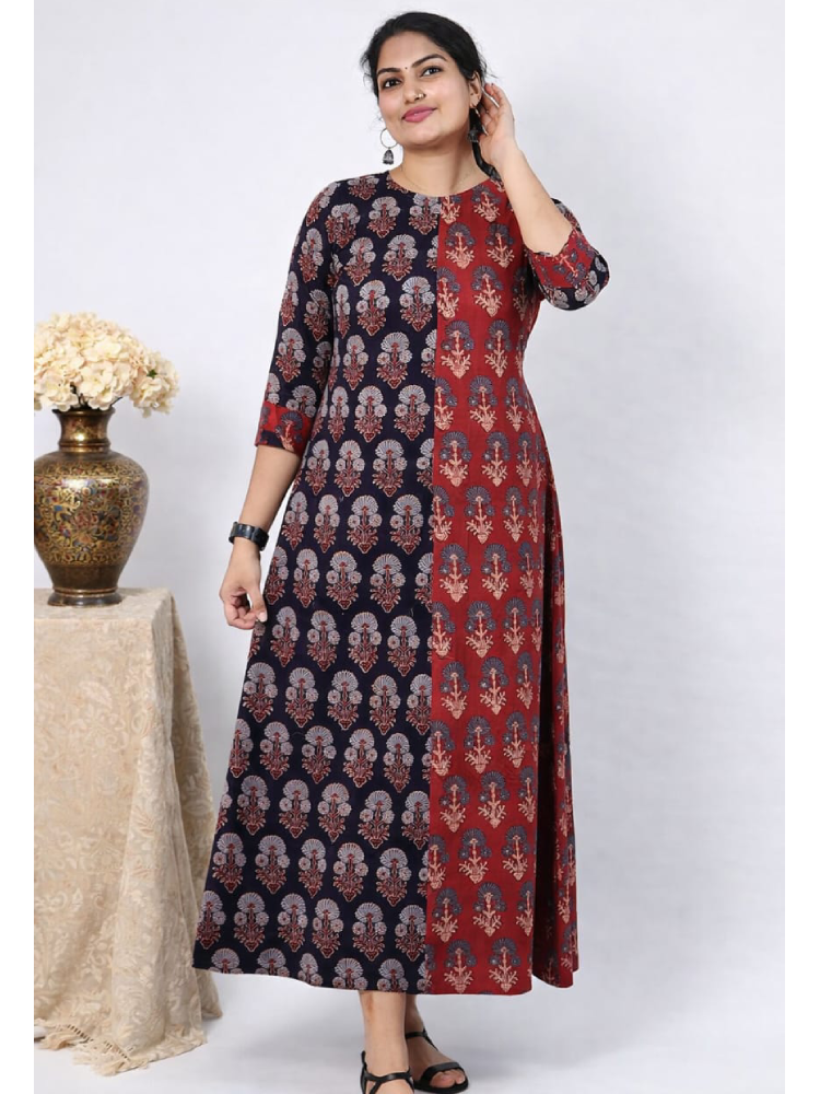 Red Ajrakh printed cotton frock by MIZHI featuring traditional handblocked block print design.
