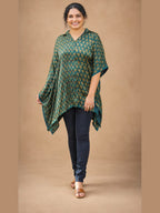 MIZHI Ajrakh short kaftan shirt featuring traditional patterned fabric with intricate blue and white designs.