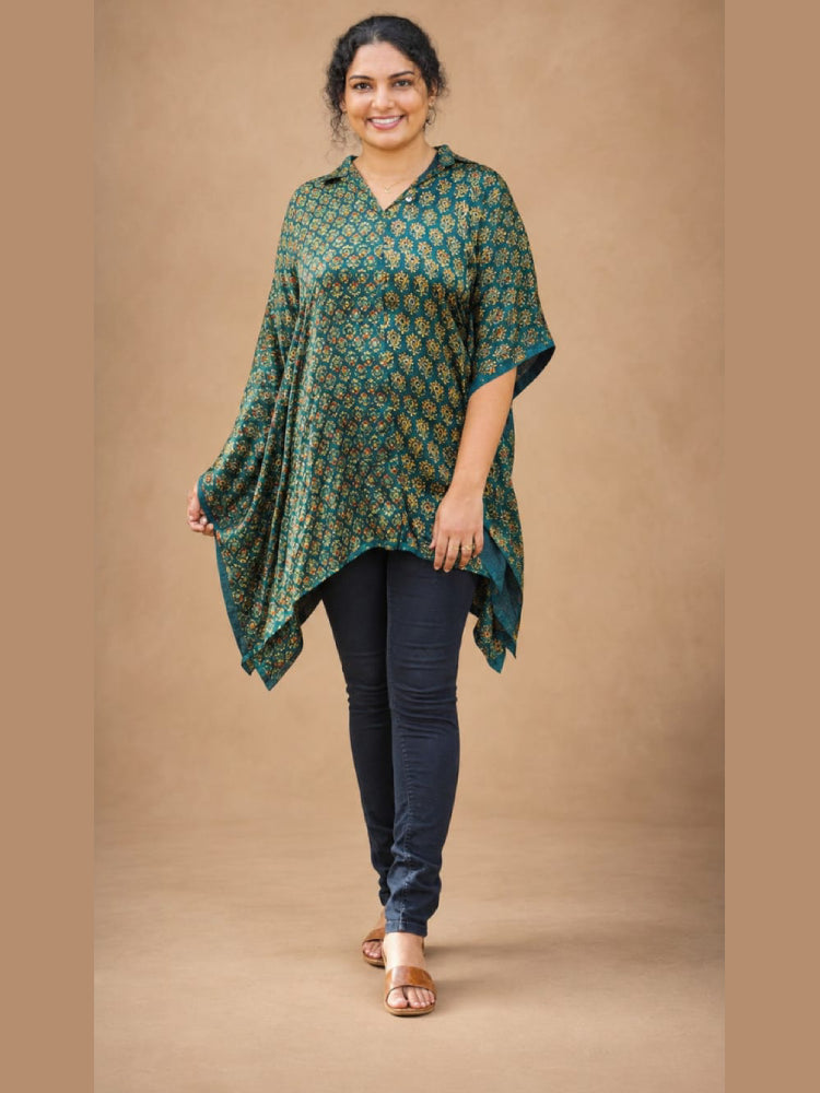 MIZHI Ajrakh short kaftan shirt featuring traditional patterned fabric with intricate blue and white designs.