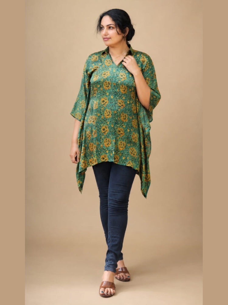 MIZHI Ajrakh short kaftan shirt with traditional geometric pattern in earthy tones, featuring a relaxed fit and short sleeves.