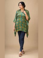 MIZHI Ajrakh short kaftan shirt with traditional geometric pattern in earthy tones, featuring a relaxed fit and short sleeves.