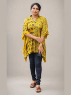 Yellow Ajrakh short kaftan shirt by MIZHI with intricate traditional Ajrak patterns and a relaxed fit.