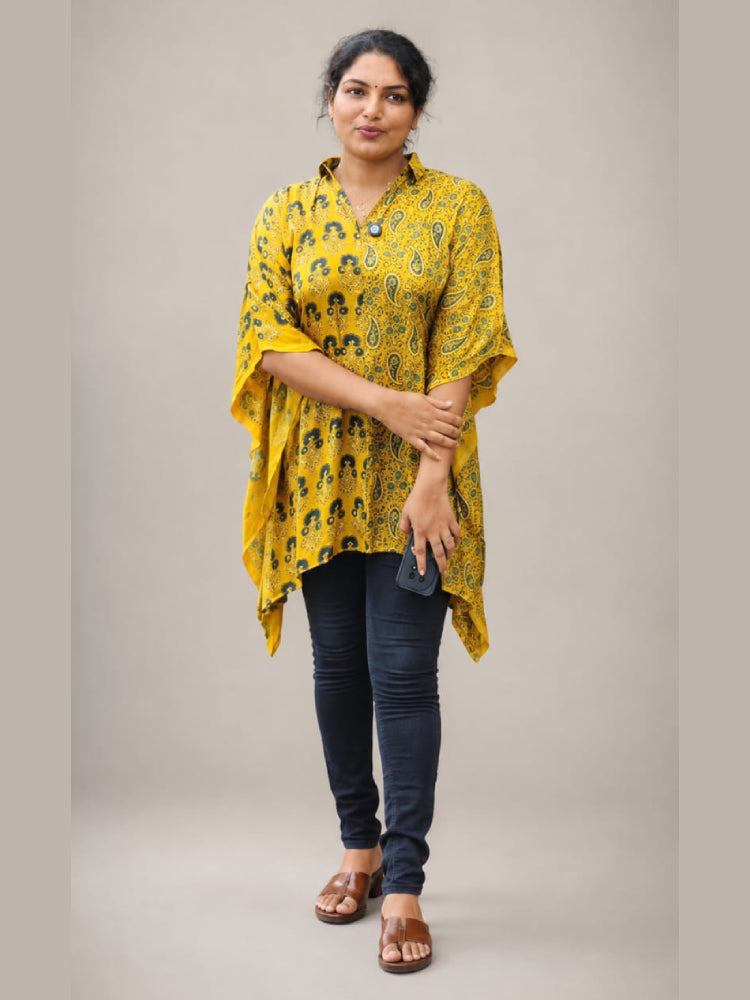 Yellow Ajrakh short kaftan shirt by MIZHI with intricate traditional Ajrak patterns and a relaxed fit.