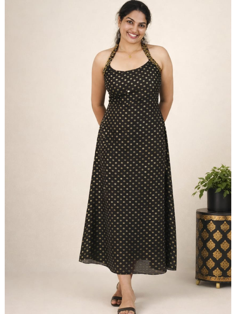 Black A-Line halter neck frock by MIZHI, featuring a flattering silhouette and elegant design, perfect for formal occasions.