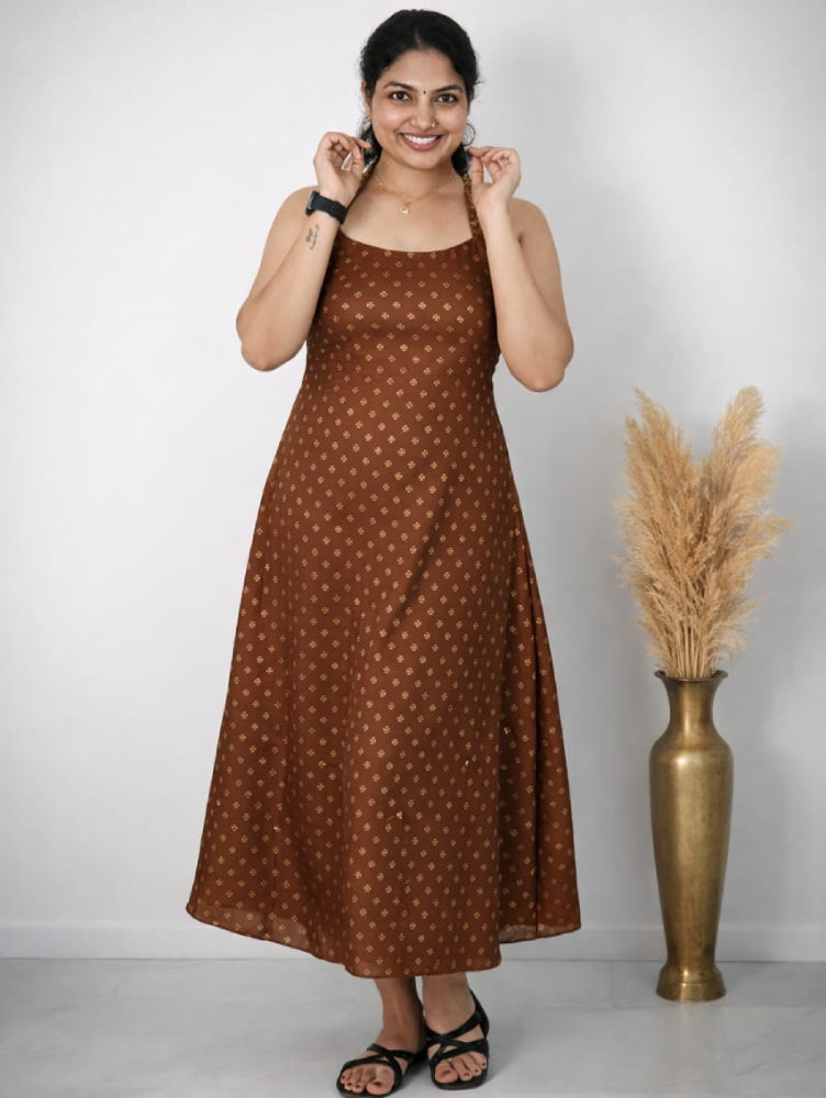 Brown A-line halter neck dress by MIZHI featuring a flattering silhouette and elegant design for special occasions.