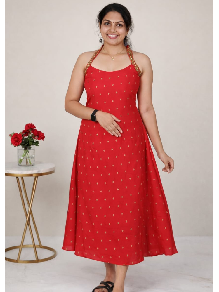 Red MIZHI A-Line halter neck frock featuring a flattering A-line silhouette and elegant halter neckline.