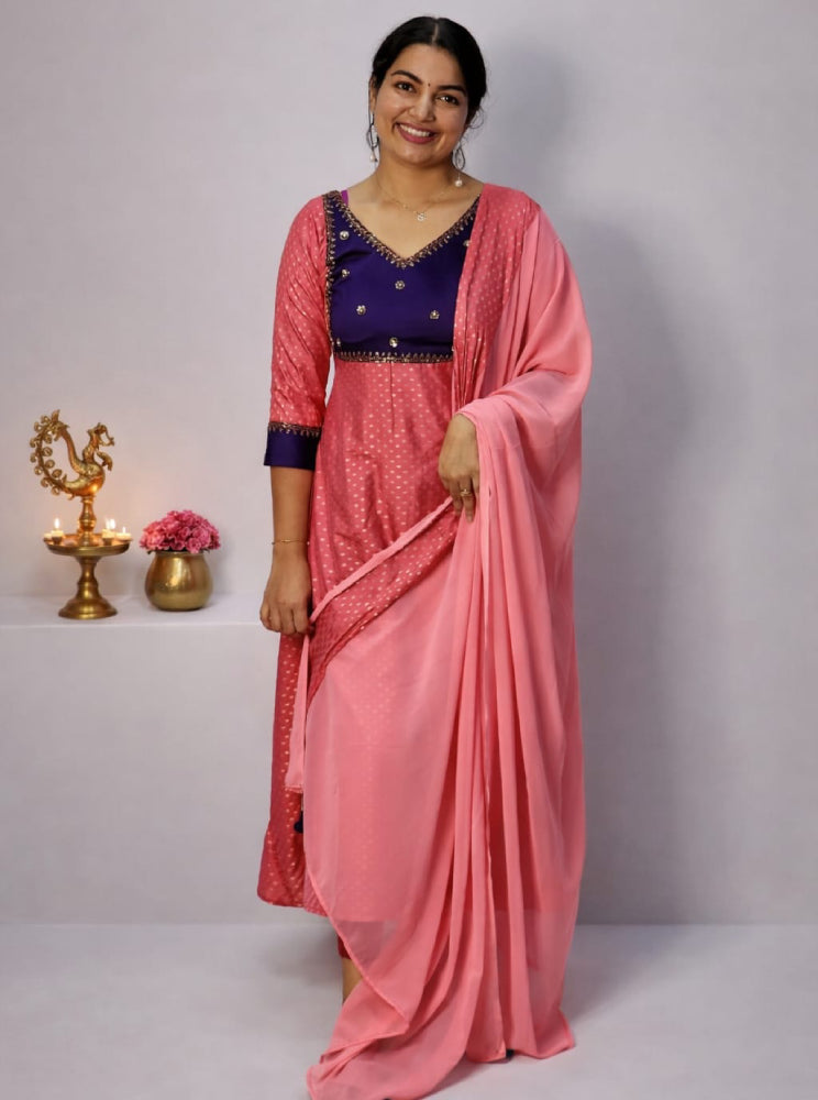 Banarasi Aline with hand worked yoke and duppatta - Mizhiboutique