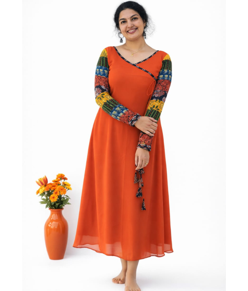 Coral red Aline dress by MIZHI featuring multi sleeves in Ajrakh pattern and a flowing georgette fabric.