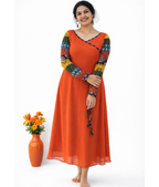 Coral red Aline dress by MIZHI featuring multi sleeves in Ajrakh pattern and a flowing georgette fabric.