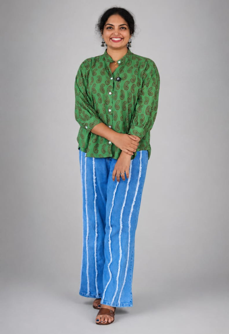 Green MIZHI cotton shirt displayed flat, showcasing soft fabric and button-down collar for casual and stylish wear.