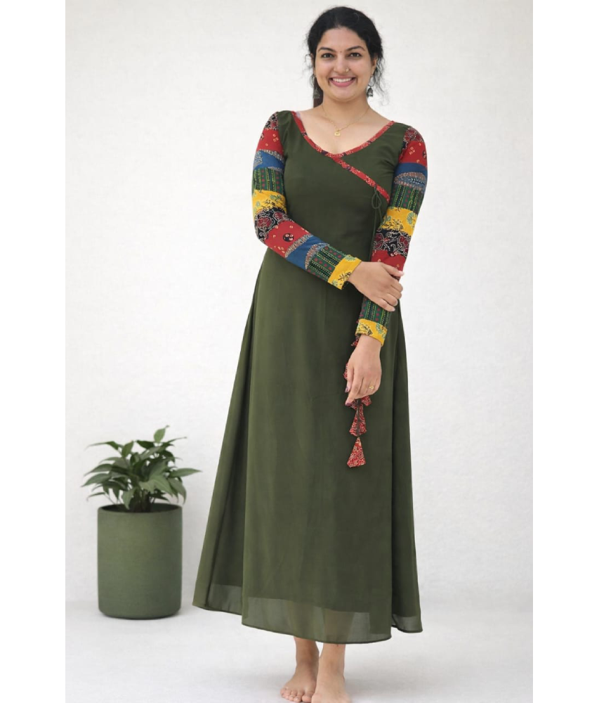 Dark olive Aline dress by MIZHI featuring multi sleeves in traditional Ajrakh print with Georget fabric.