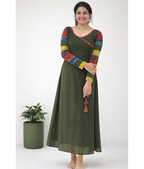 Dark olive Aline dress by MIZHI featuring multi sleeves in traditional Ajrakh print with Georget fabric.