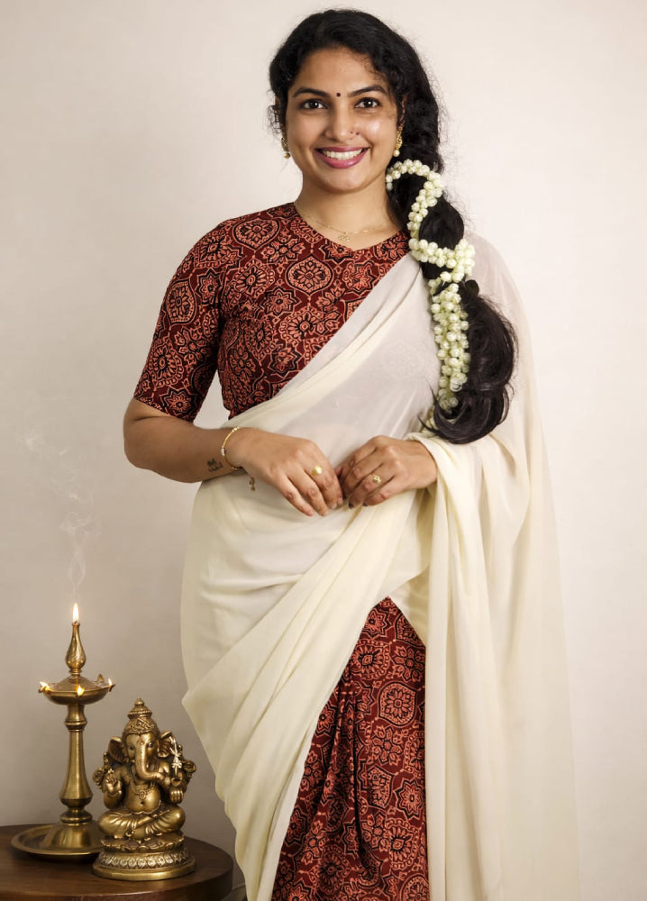 Georget with ajrakh saree and blouse piece