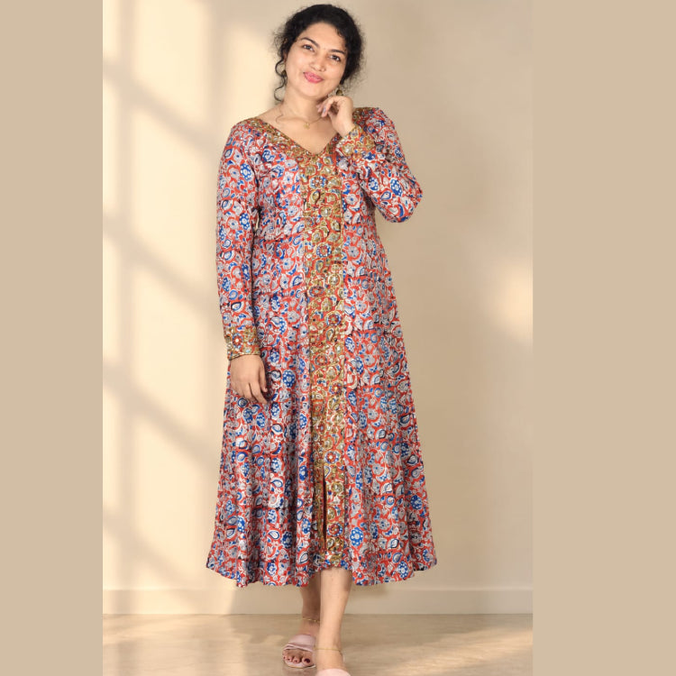 Kalamkari silk panelled Anarkali dress by MIZHI featuring intricate handwoven patterns and vibrant colors, full-length and elegant.
