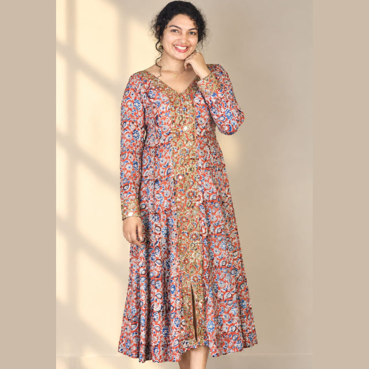 Kalamkari silk paneled Anarkali dress by MIZHI featuring intricate hand-painted Kalamkari motifs and elegant layered panels.