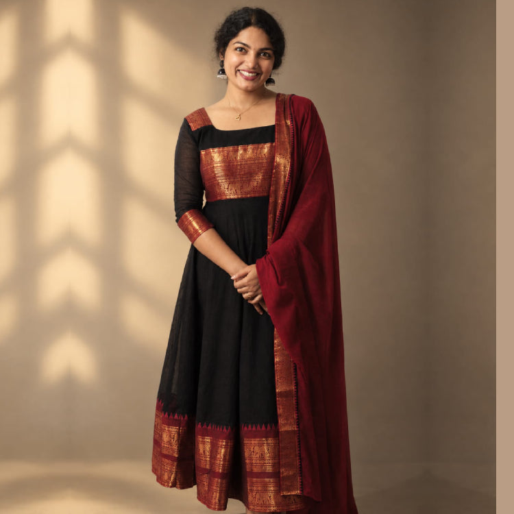 Elegant Kanchi cotton Salwar Set by MIZHI featuring a traditional design with a matching dupatta and intricate embroidery.