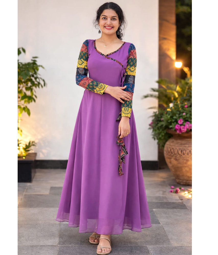 Lavender Aline dress by MIZHI featuring multi sleeves in Ajrakh print and a flowing Georgette fabric.