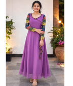 Lavender Aline dress by MIZHI featuring multi sleeves in Ajrakh print and a flowing Georgette fabric.