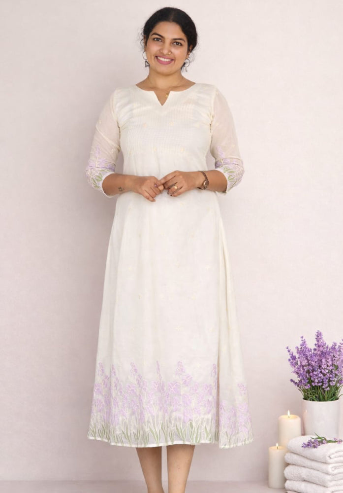 Lavender embroidery-themed Kurti in Mul Chanderi fabric by MIZHI, featuring intricate embroidery and traditional design.