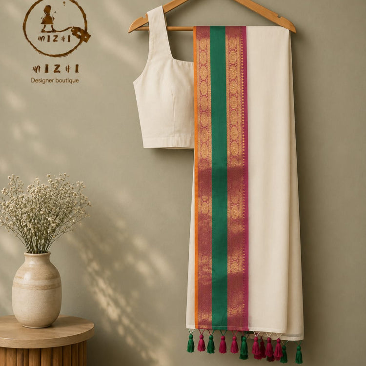 Mul Cotton Saree – Rich Golden Zari, Bottle Green & Magenta Border