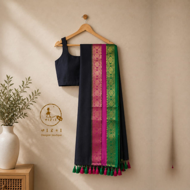 Mul Cotton Saree with Kanjivaram Border – Black - Mizhiboutique