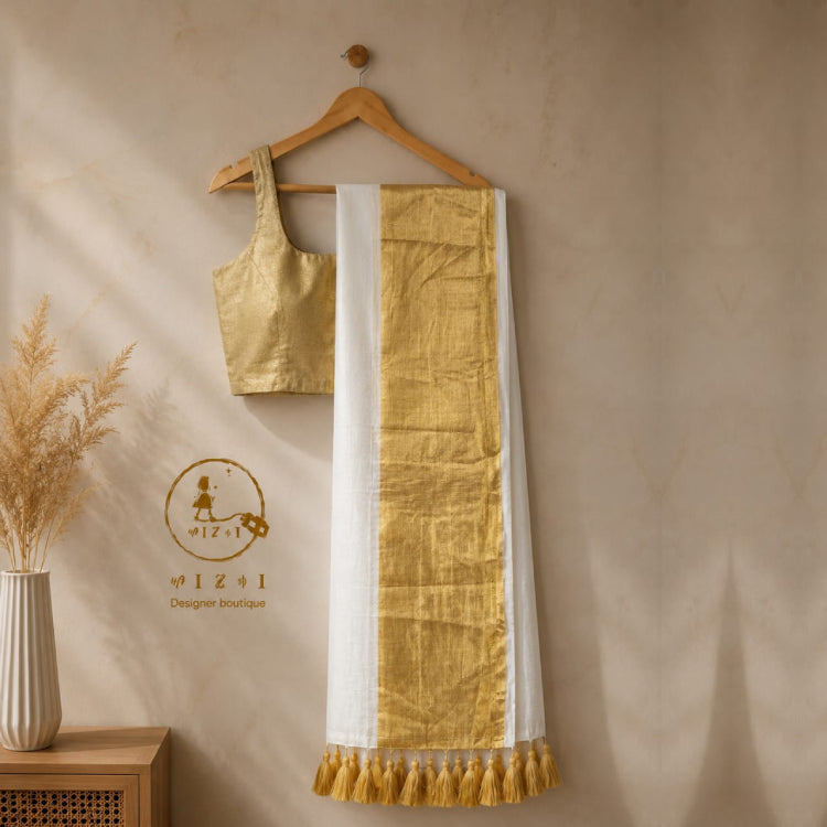 Mul Cotton Saree with Broad Gold Border – White - Mizhiboutique