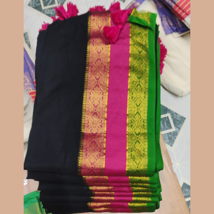 Black Mul Cotton Saree with Dual-Tone Border
