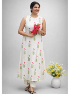 MIZHI Off-White co-ord set with pink floral embroidery, featuring matching top and pants in a stylish casual outfit.