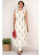 MIZHI Off-White co-ord set with pink floral embroidery, featuring matching top and bottom in a stylish casual outfit.