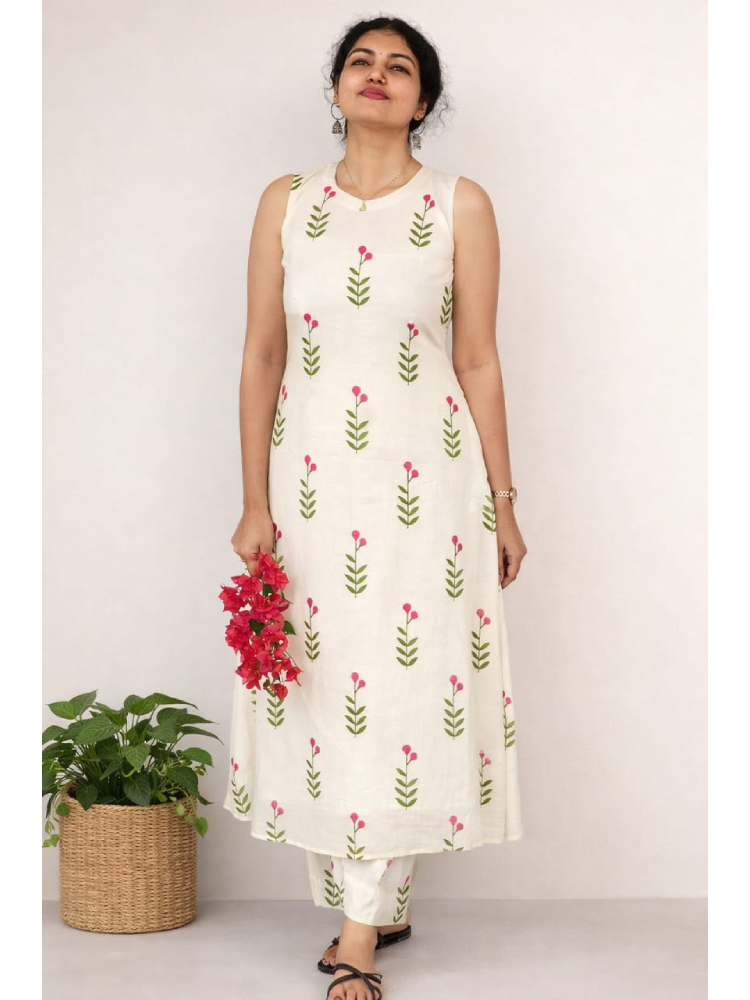 MIZHI Off-White co-ord set with pink floral embroidery, featuring matching top and bottom in a stylish casual outfit.