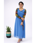 Royal sky blue MIZHI Aline dress featuring multi sleeves in Ajrakh print on Georget fabric.