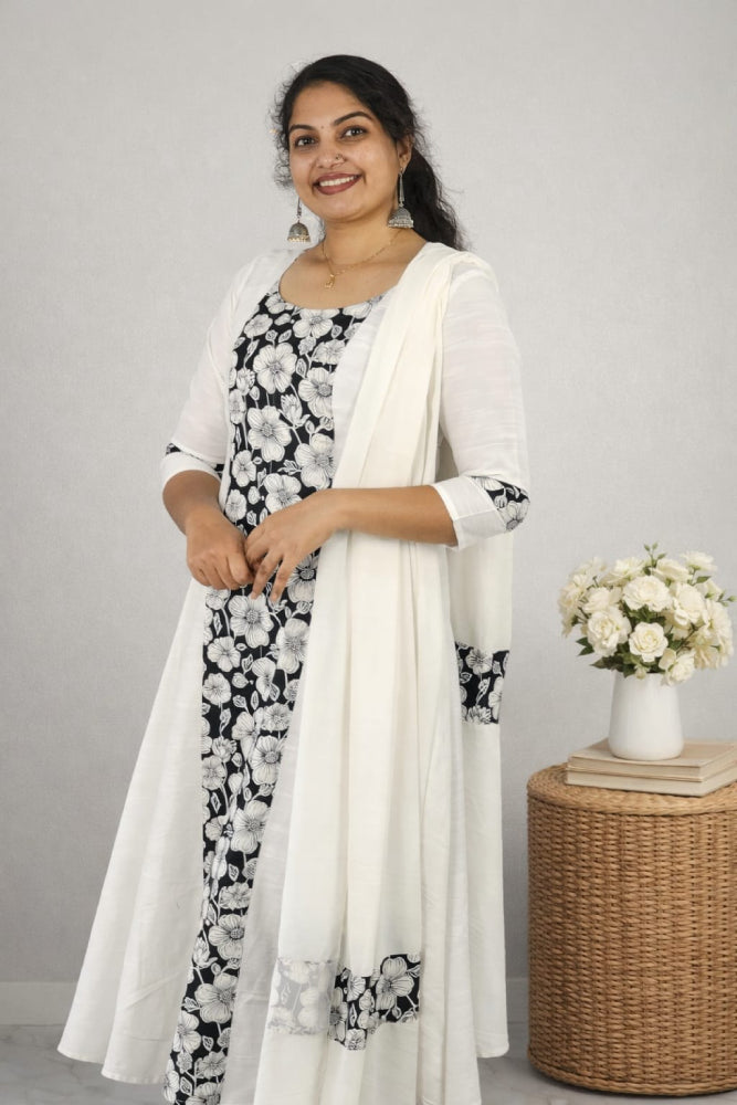 Slub Silk Top with Cotton Patchwork & Dupatta - Mizhiboutique
