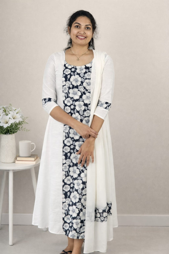 Slub Silk Top with Cotton Patchwork & Dupatta - Mizhiboutique