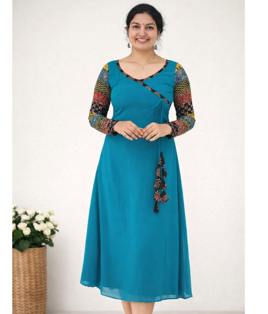 Teal blue MIZHI Aline dress featuring multi sleeves in Ajrakh print with Georget fabric detail.