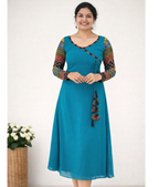 Teal blue MIZHI Aline dress featuring multi sleeves in Ajrakh print with Georget fabric detail.
