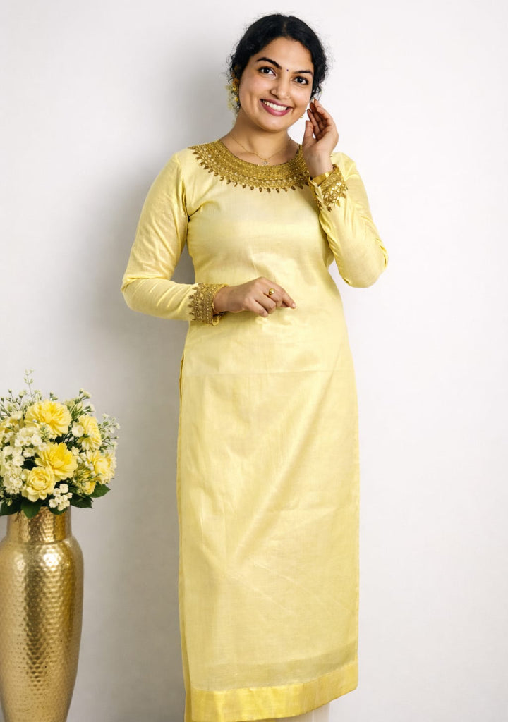 Traditional tissue slitted top with handwork - Mizhiboutique