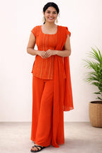 sleevless lurex lines short top with Duppatta and flaired palazo - Mizhiboutique