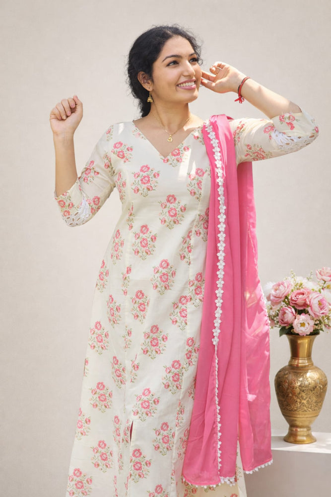 White Floral Kurti with Dupatta - Mizhiboutique