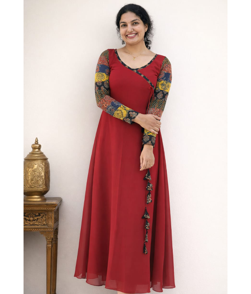 Wine red MIZHI Aline dress featuring multi sleeves in Ajrakh print and Georget fabric, showcasing intricate designs.