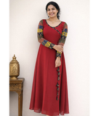 Wine red MIZHI Aline dress featuring multi sleeves in Ajrakh print and Georget fabric, showcasing intricate designs.