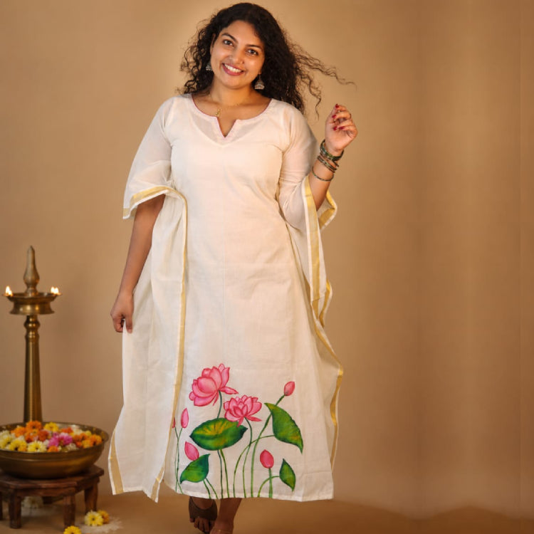 Hand-Painted Cotton Kaftan Kurti – Ivory white with lotus design