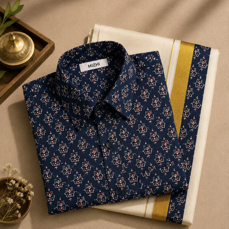 MIZHI Ajrakh shirt and patched mundu traditional Indian clothing, featuring intricate Ajrakh block print and colorful patchwork.