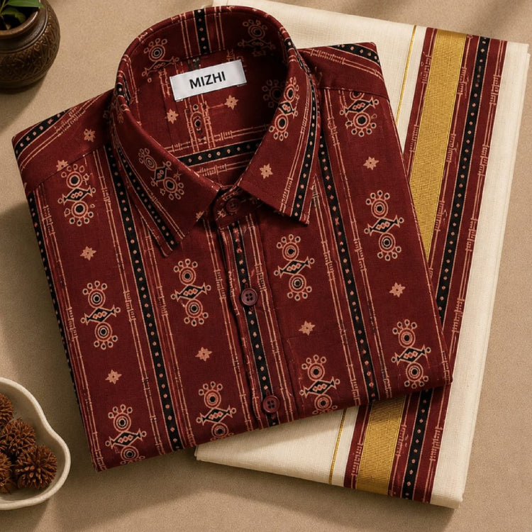 Maroon Ajrakh-inspired shirt and patched mundu set by MIZHI, featuring traditional block print and intricate patchwork details.