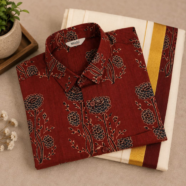 MIZHI Ajrakh shirt paired with traditional patched mundu, showcasing intricate print and vibrant textile design.
