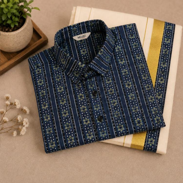 MIZHI Ajrakh shirt with intricate patterns paired with traditional patched mundu, showcasing vibrant Indian textile craftsmanship.