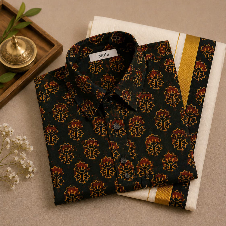 MIZHI Ajrakh shirt paired with traditional patched mundu, featuring intricate patterns and vibrant colors in a traditional fabric set.