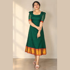 MIZHI A-Line Narayanpet cotton kurti featuring traditional handwoven fabric and a flattering A-line silhouette, displayed in the image.